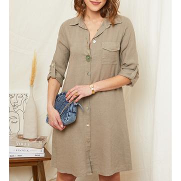 Beige Collared Linen Dress
