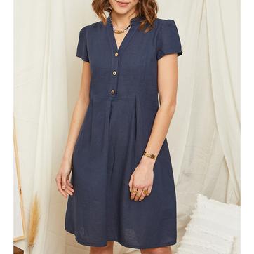 Navy Button Linen Mini Dress