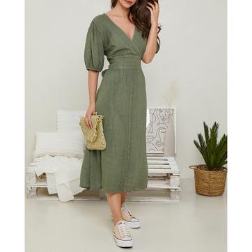 Khaki Puff Sleeve Linen Midi Dress