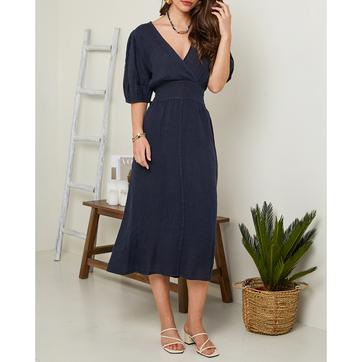 Navy Puff Sleeve Linen Midi Dress