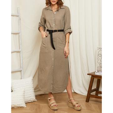 Camel Longline Linen Dress
