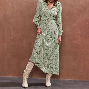 Green Ditsy Print Tuck Waist Midi Dress