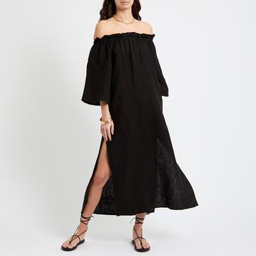 Black Linen Bardot Dress
