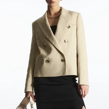 Beige Double Breasted Cropped Blazer