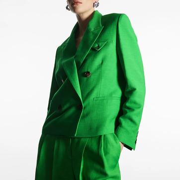 Green Double Breasted Cropped Blazer