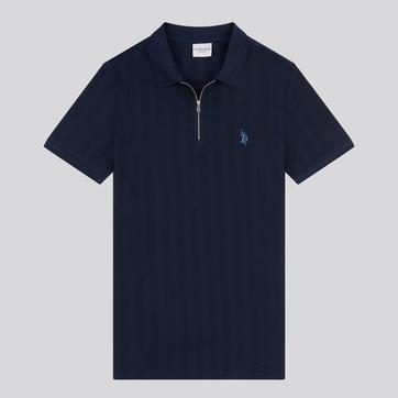 Navy Rib Knit Zip Polo Top