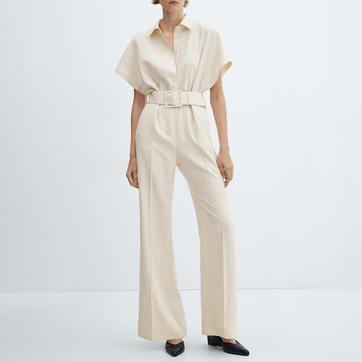 Ecru Belt Long Jumpsuit