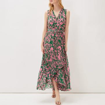 Pink/Green Brianna Pleat Midaxi Dress