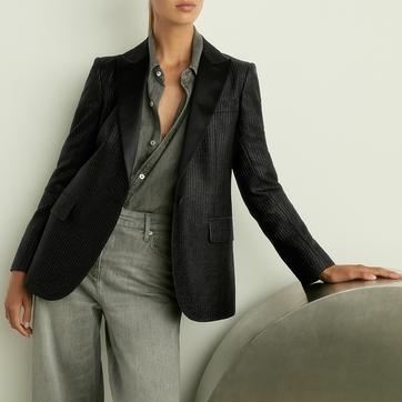 Black Single Breasted Glitter Lamé-Stripe Tuxedo Jacket
