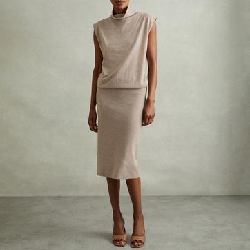 Beige Knitted Wool Cashmere Blouson Top Midi Dress