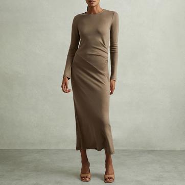 Camel Wool Ruche Detail Midi Dress