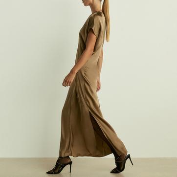 Khaki Satin Draped Split Midi Dress