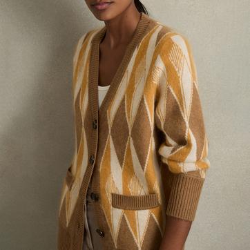 Camel Wool Cashmere Jacquard Cardigan