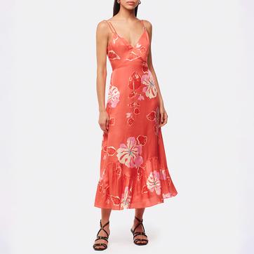 Orange Hibiscus Print Raffa Silk Blend Dress