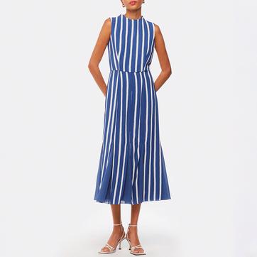 Blue/ White Eliza Vertical Stripe Print Midi Dress