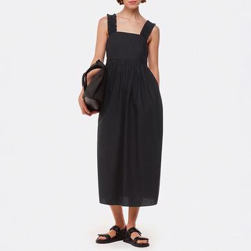 Black Ruffle Strap Poplin Midi Dress
