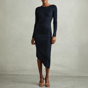 Navy Jem Knitted Asymmetric Midi Dress