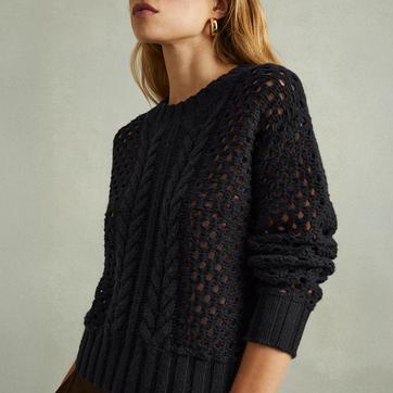 Navy Marie Cable Knit Wool Cashmere Blend Jumper
