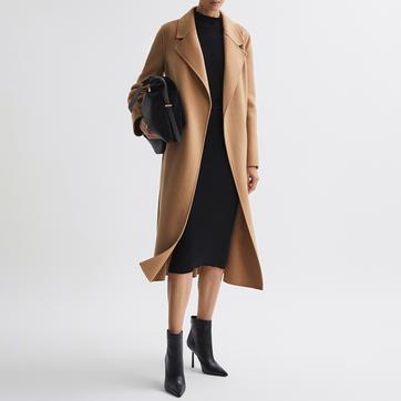 Camel Emile Longline Belted Wool Blend Coat