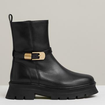 Black Elena Leather Zip-Up Chunky Boot