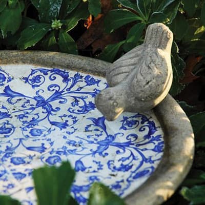 Ceramic Bird Bath, Cream/Blue
