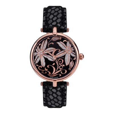 Women's Black/Rose Gold Leather/Crystal Fleurs Volantes Watch
