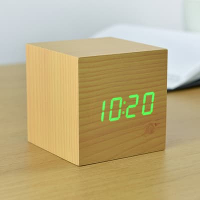 Beech Cube Click Clock with Green LED