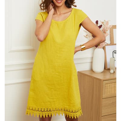 Yellow Lace Trim Linen Dress