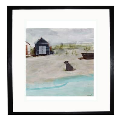 Beach Hut & Dog 40x40cm Framed Print