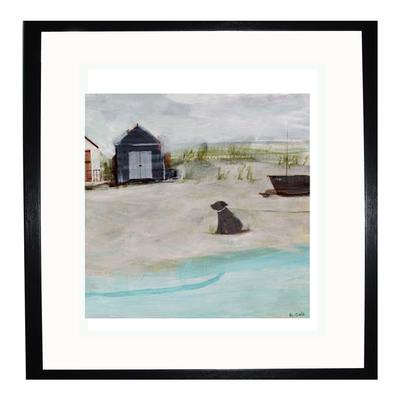 Beach Hut & Dog 35x35cm Framed Print