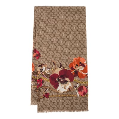 Beige Red Floral Chain Print Wool Scarf