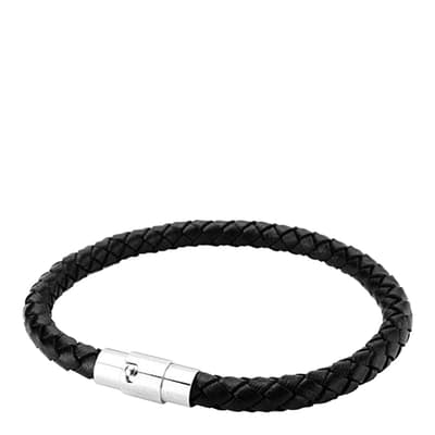 Silver Plated / Black Leather Woven Bracelet