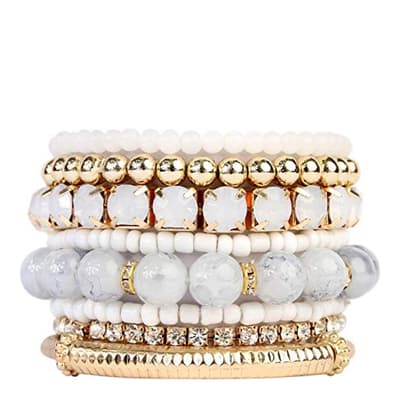 18K Gold Plated Multi White Bead & Crystal Bracelet Set