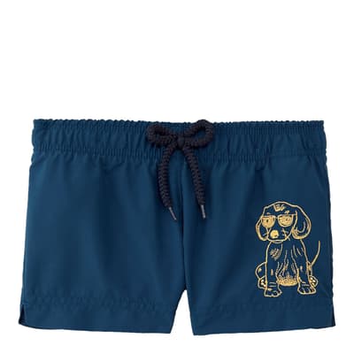 Girl's Blue Embroidered Dog Shorts