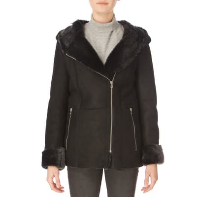 Black Mid Length Hooded Merino Sheepsin Jacket