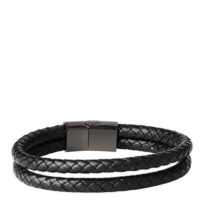 Men's Black Plated Steel / Leather Bracelet