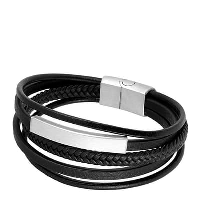 Silver Plated Black Leather Bracelet