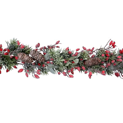 Frosted Fir Garland with Rosehips, 190cm