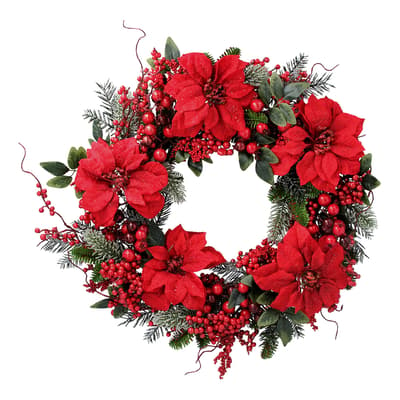 Fir Wreath with Red Poinsettia/Berries, 60cm
