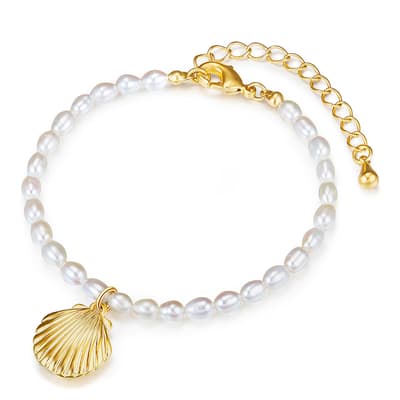 Gold White Freshwater Pearl Seashell Bracelet