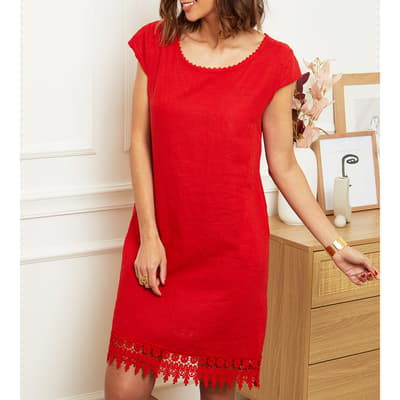 Red Short Sleeve Linen Mini Dress