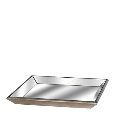 Astor Distressed Mirrored Square Tray W/Wooden Detailing Lge