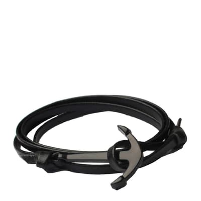 Black Plated/Leather Anchor Bracelet