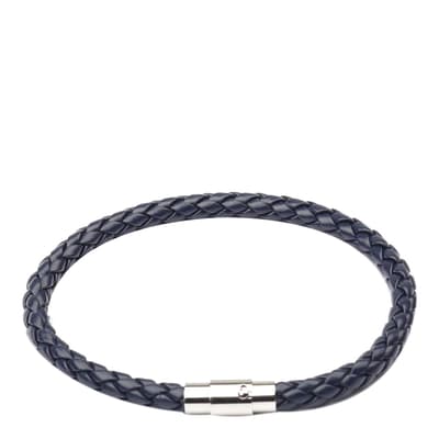 Silver Plated & Blue Leather Woven Bracelet