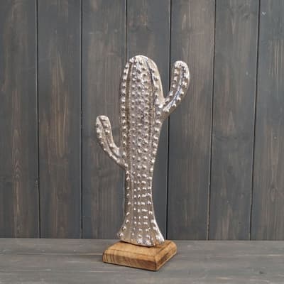 Large aluminium cactus on wooden base