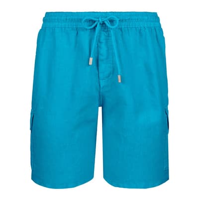 Blue Solid Linen Shorts