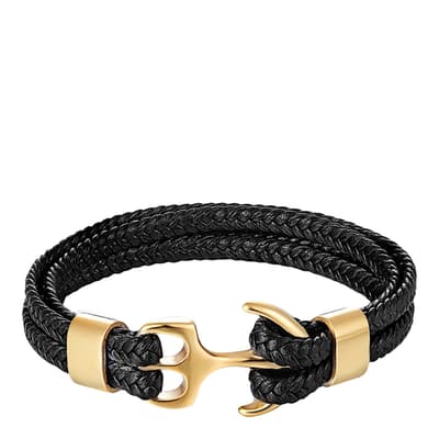 18K Gold Plated Multi Row Black Leather Anchor Bracelet