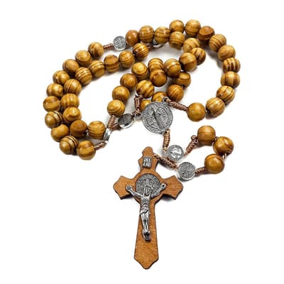 Silver Plated Rosary Wood Necklace