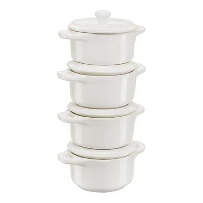 Set of 4 Ivory White Round Ceramic Cocottes