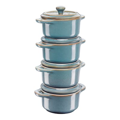 Set of 4 Ancient Turquoise Round Ceramic Cocottes